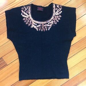 Vintage black knit party top with gold sequins.